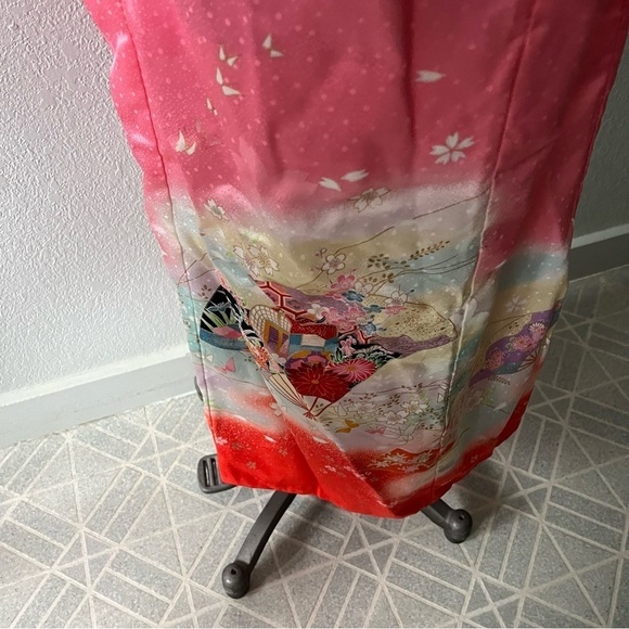 VINTAGE Girl's Pink Kimono Butterflies Flowers Ombre w/ Orange Tie - Picture 7 of 16